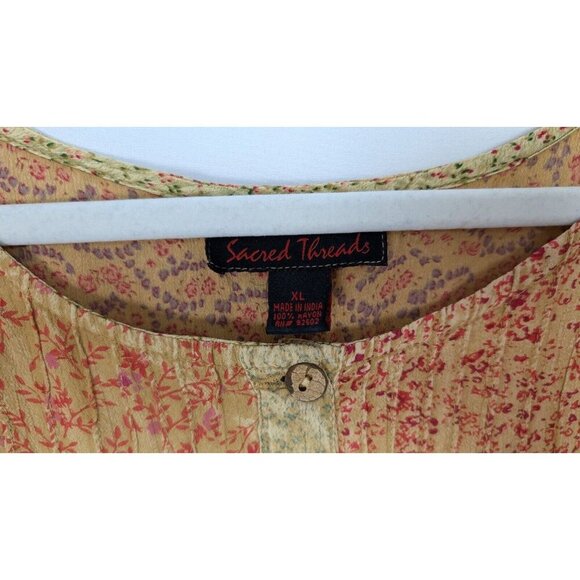 Vintage 90 Y2K Scared Threads XL Midi Dress Patchwork Floral Tie Back Bohemian - Picture 10 of 11